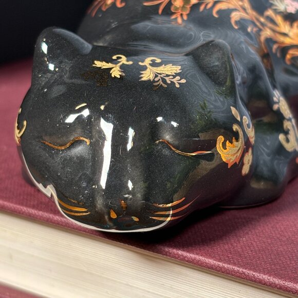 Vintage Satsuma Cat Figurine Black and Gold Ceramic Cat for Decor - Picture 5 of 16
